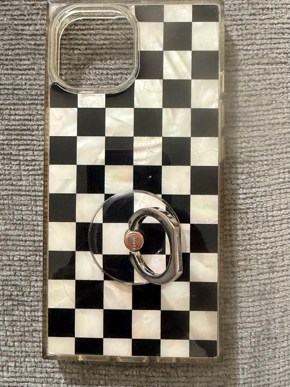 Checkerboard Black & White Phone Case with Silver Ring Grip